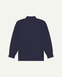 Reverse of midnight blue buttoned organic cotton workshirt from Uskees showing reinforced elbows, tailored cuffs and boxy silhouette.