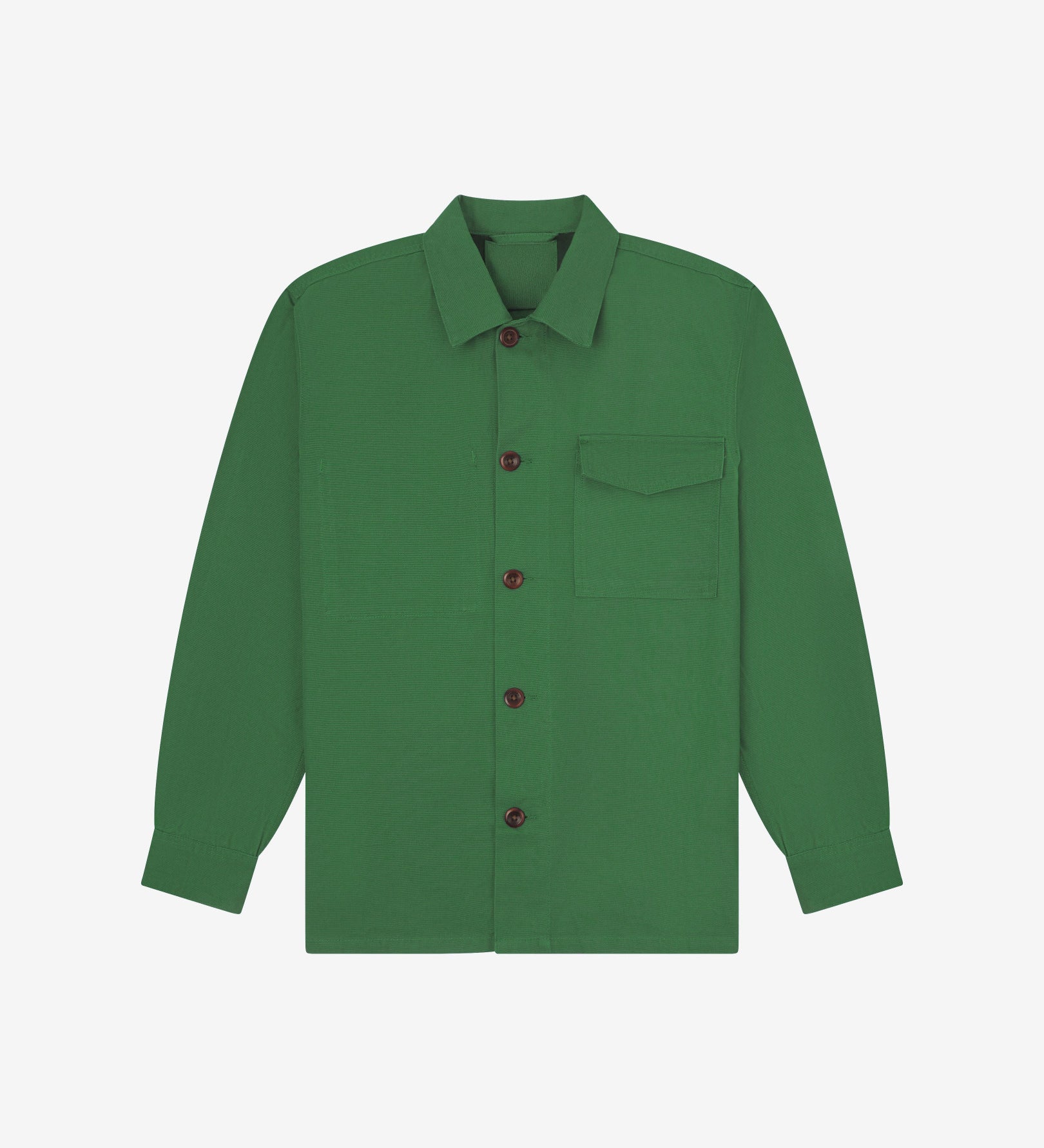 Mint green buttoned organic cotton workshirt from Uskees with clear view of chest pocket and utilitarian silhouette.