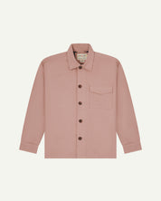 Front flat shot of pale pink buttoned 3003 workshirt from Uskees. Showing chest pocket with flap and corozo buttons.
