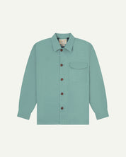 Front flat shot of pale green #3003 workshirt from Uskees. Showing chest pocket with flap and corozo buttons.