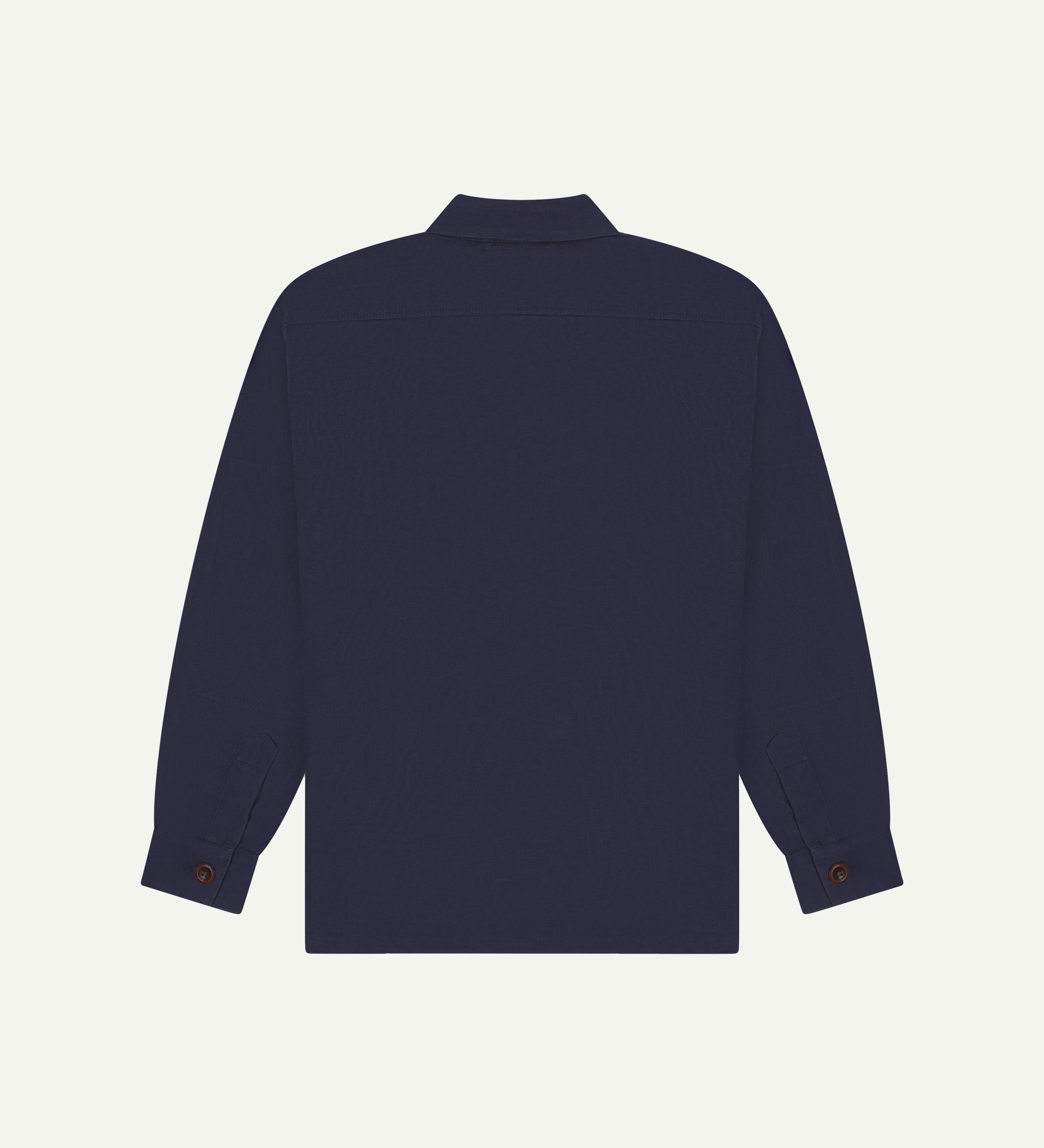 Back view flat shot of dark blue #3003 men's organic cotton workshirt from Uskees. 