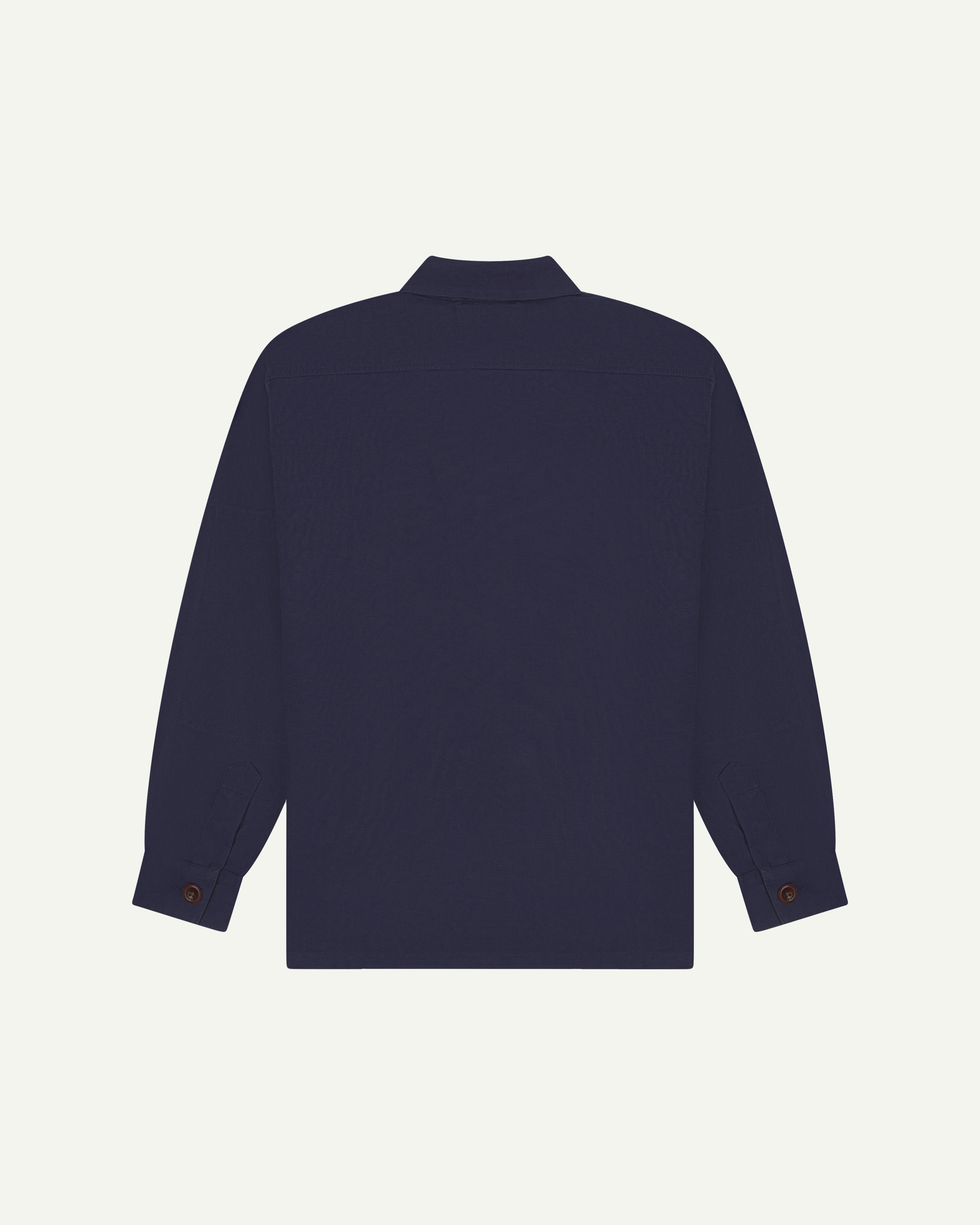 Back view flat shot of dark blue #3003 men's organic cotton workshirt from Uskees. 