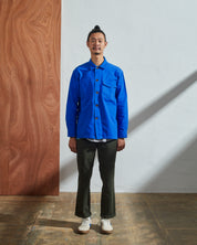 Front model shot of Uskees #3003 buttoned workshirt in ultra blue