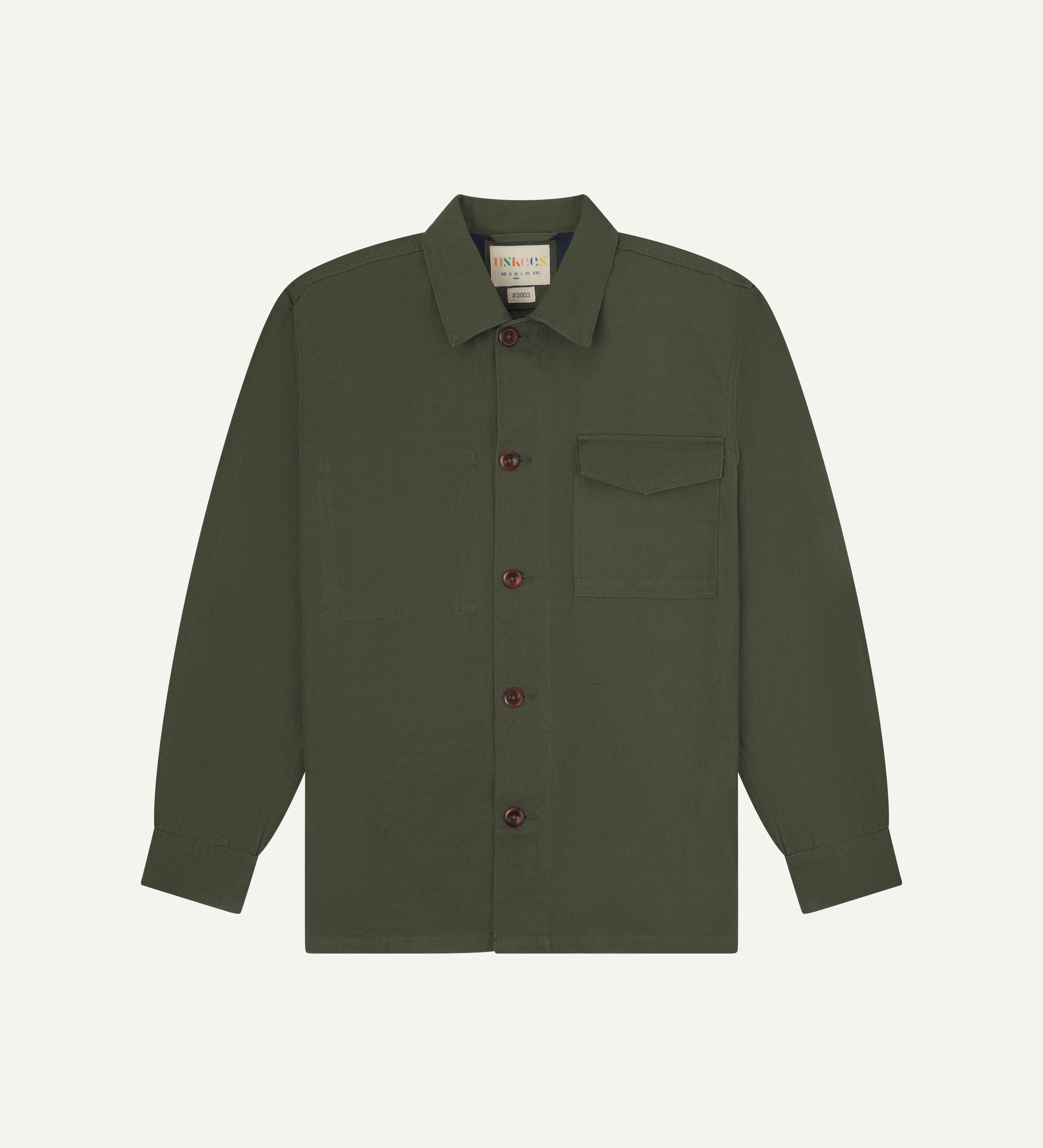 Front flat shot ofdull green #3003 men's workshirt from Uskees. Showing chest pocket with flap and corozo buttons.