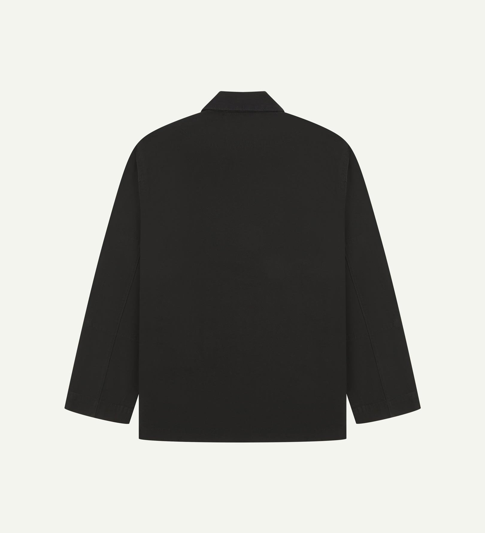 Flat back view of organic cotton black blazer from Uskees with view of reinforced elbows.
