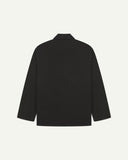 Flat back view of organic cotton black blazer from Uskees with view of reinforced elbows.