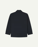 Reverse of dark blue (blueberry) buttoned organic cotton-drill blazer from Uskees showing reinforced elbows and boxy silhouette.
