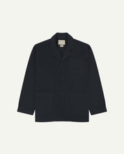 Dark blue (blueberry) buttoned organic cotton-drill blazer from Uskees with clear view of three patch pockets and Uskees branding label.