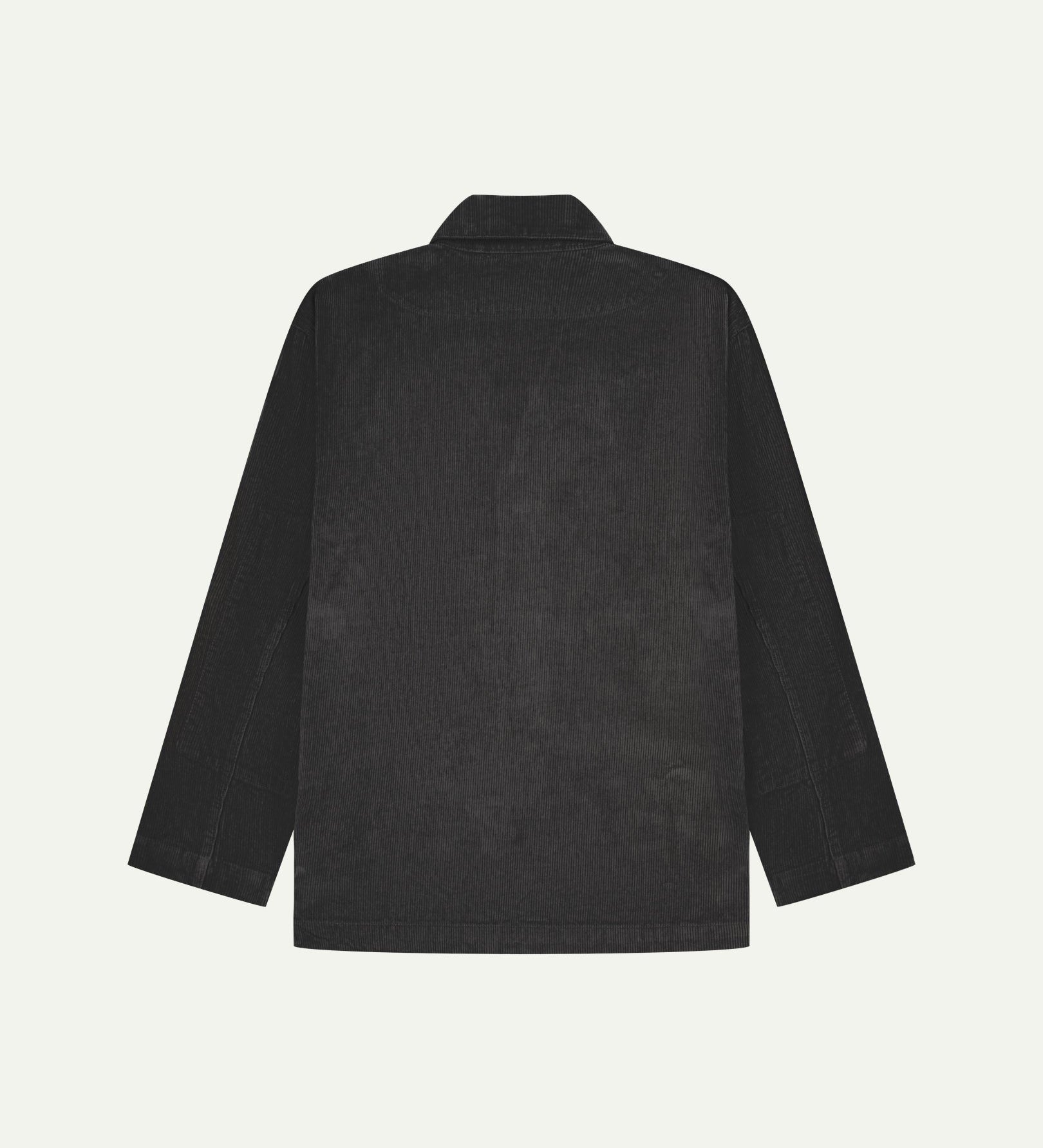 Flat back view of corduroy charcoal-grey blazer from Uskees with view of reinforced elbows and indicating contemporary, boxy fit.