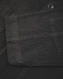 Close-up view of cuff, placket and corozo buttons of charcoal-grey blazer from Uskees and providing a clearer view of the 11 wale organic corduroy.