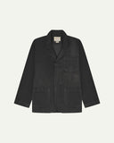 Flat front view of corduroy charcoal-grey blazer with 3 patch pockets from Uskees. Clearly showing corozo buttons and 3 pockets.