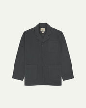 Charcoal-grey buttoned organic cotton-drill blazer from Uskees with clear view of three patch pockets and Uskees branding label.