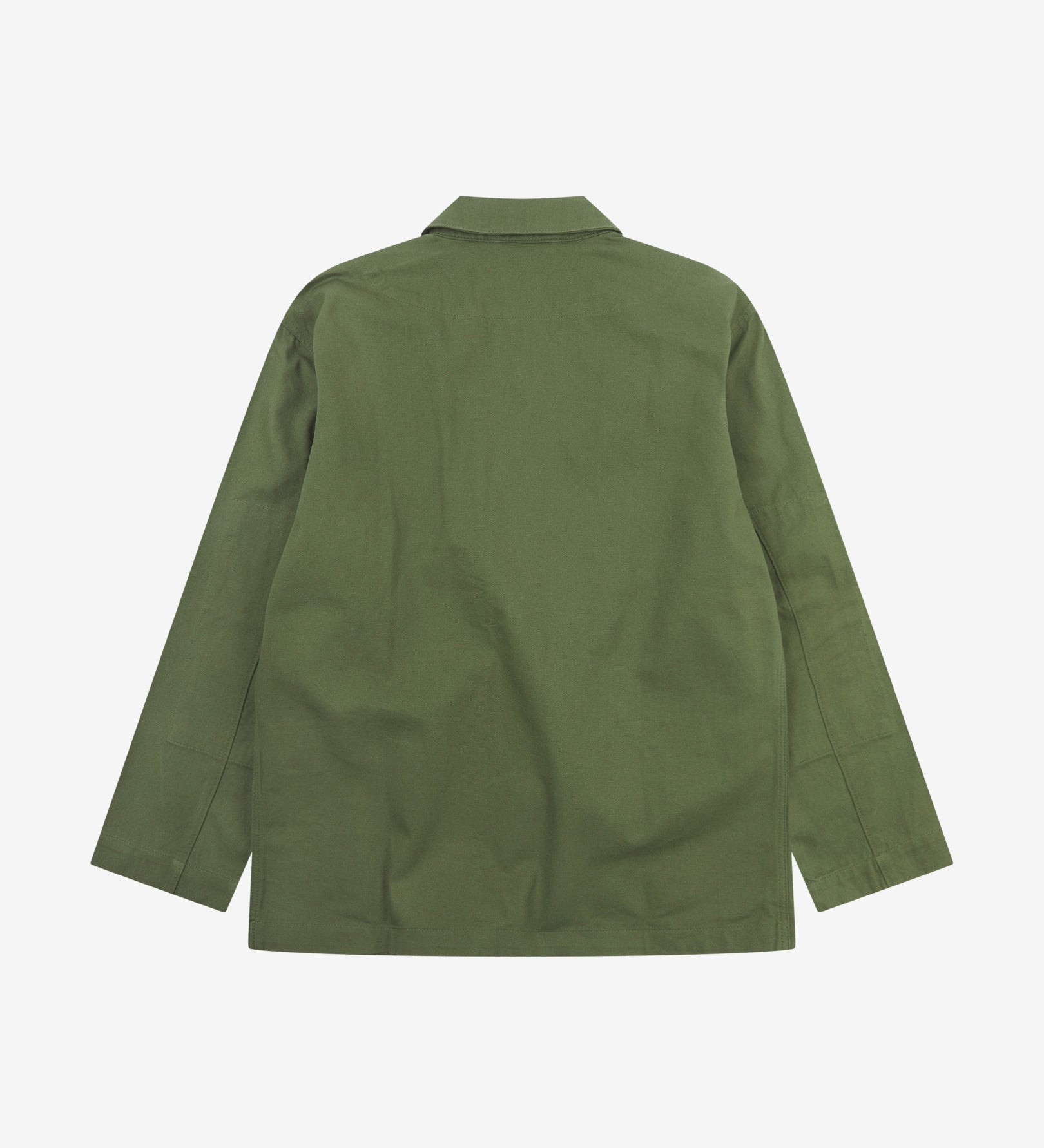 Reverse of coriander-green buttoned organic cotton-twill blazer from Uskees showing reinforced elbows and boxy silhouette.