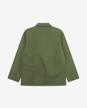 Reverse of coriander-green buttoned organic cotton-twill blazer from Uskees showing reinforced elbows and boxy silhouette.