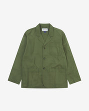 Full front view of coriander-green buttoned organic cotton-twill blazer with clear view of three patch pockets and Uskees branding label.