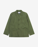 Full front view of coriander-green buttoned organic cotton-twill blazer with clear view of three patch pockets and Uskees branding label.