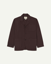 Burgundy-brown buttoned organic cotton-drill blazer from Uskees with clear view of three patch pockets and Uskees branding label.