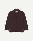 Burgundy-brown buttoned organic cotton-drill blazer from Uskees with clear view of three patch pockets and Uskees branding label.