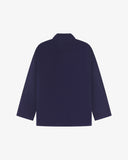 Flat back view of men's corduroy deep indigo blazer from Uskees with view of reinforced elbows.