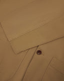 Close-up view of cuff and placket of organic cotton, khaki green blazer from Uskees.
