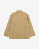 Reverse of khaki buttoned organic cotton-twill blazer from Uskees showing reinforced elbows and boxy silhouette.