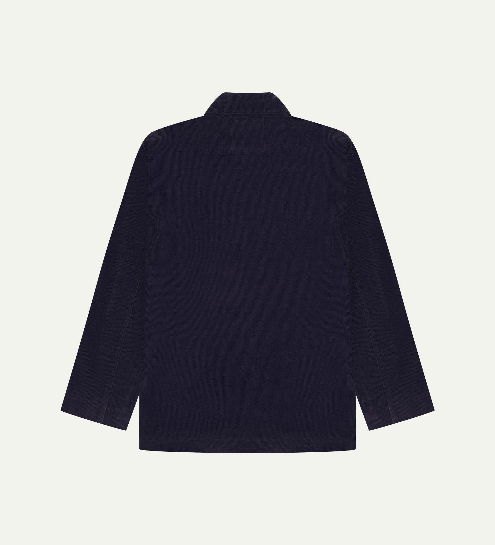 Flat back view of corduroy midnight blue blazer from Uskees with view of reinforced elbows.