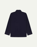 Flat back view of corduroy midnight blue blazer from Uskees with view of reinforced elbows.