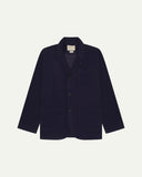 Flat front view of corduroy midnight blue blazer with 3 patch pockets from Uskees. Clearly showing corozo buttons and 3 pockets on the front.