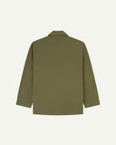 Reverse of moss-green buttoned organic cotton-drill blazer from Uskees showing reinforced elbows and boxy silhouette.