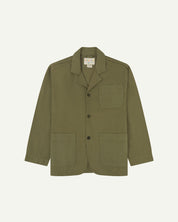 Moss-green buttoned organic cotton-drill blazer from Uskees with clear view of three patch pockets and Uskees branding label.