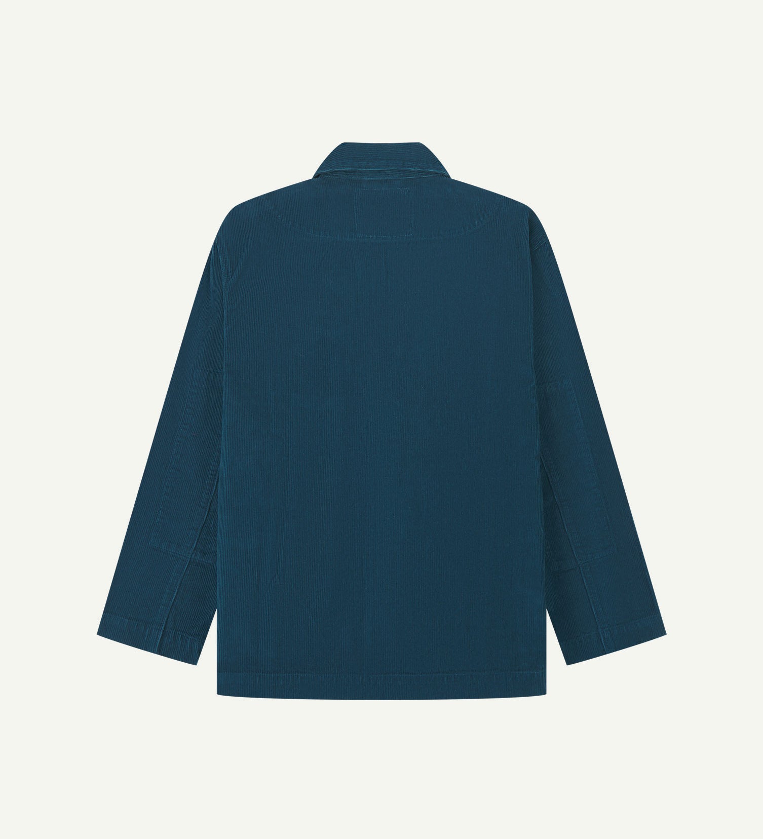 Flat back view of men's corduroy petrol blue blazer from Uskees with view of reinforced elbows.