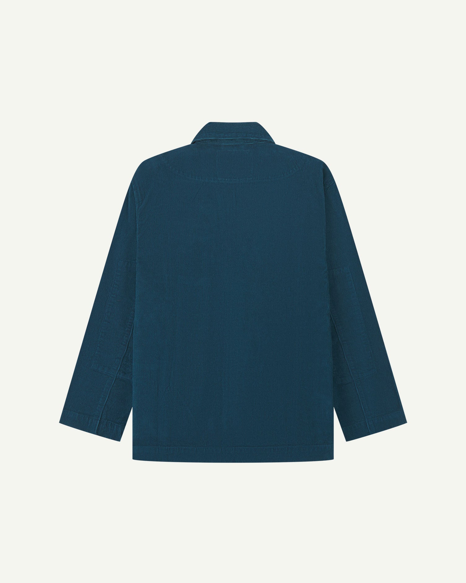 Flat back view of men's corduroy petrol blue blazer from Uskees with view of reinforced elbows.