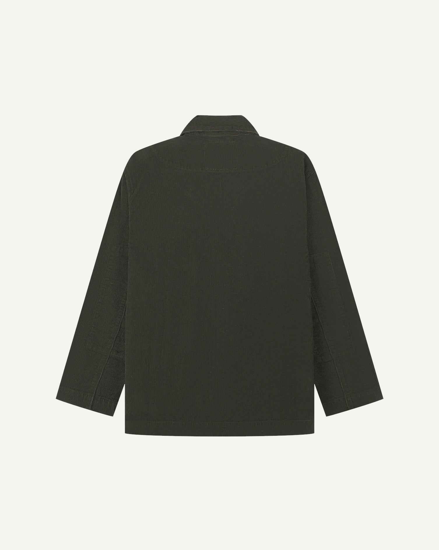 Flat back view of corduroy green-brown (seaweed) blazer from Uskees with view of reinforced elbows and indicating contemporary, boxy fit.