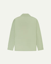 Reverse of silver-green buttoned organic cotton-drill blazer from Uskees showing reinforced elbows and boxy silhouette.