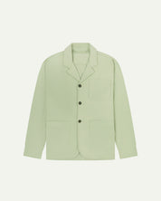 Silver-green buttoned organic cotton-drill blazer from Uskees with clear view of three patch pockets and corozo buttons.