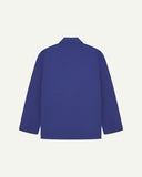 Reverse of ultra blue buttoned organic cotton-drill blazer from Uskees showing reinforced elbows and boxy silhouette.