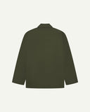 Flat back view of organic cotton vine green blazer from Uskees with view of reinforced elbows.