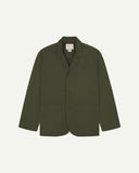 Flat front view of organic cotton vine green blazer with 3 patch pockets from Uskees. Clearly showing corozo buttons and 3 pockets on the front.
