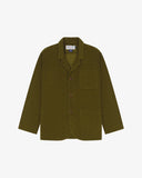 Flat front view of men's corduroy woodland green blazer with 3 patch pockets from Uskees. Clearly showing corozo buttons and 3 pockets on the front.