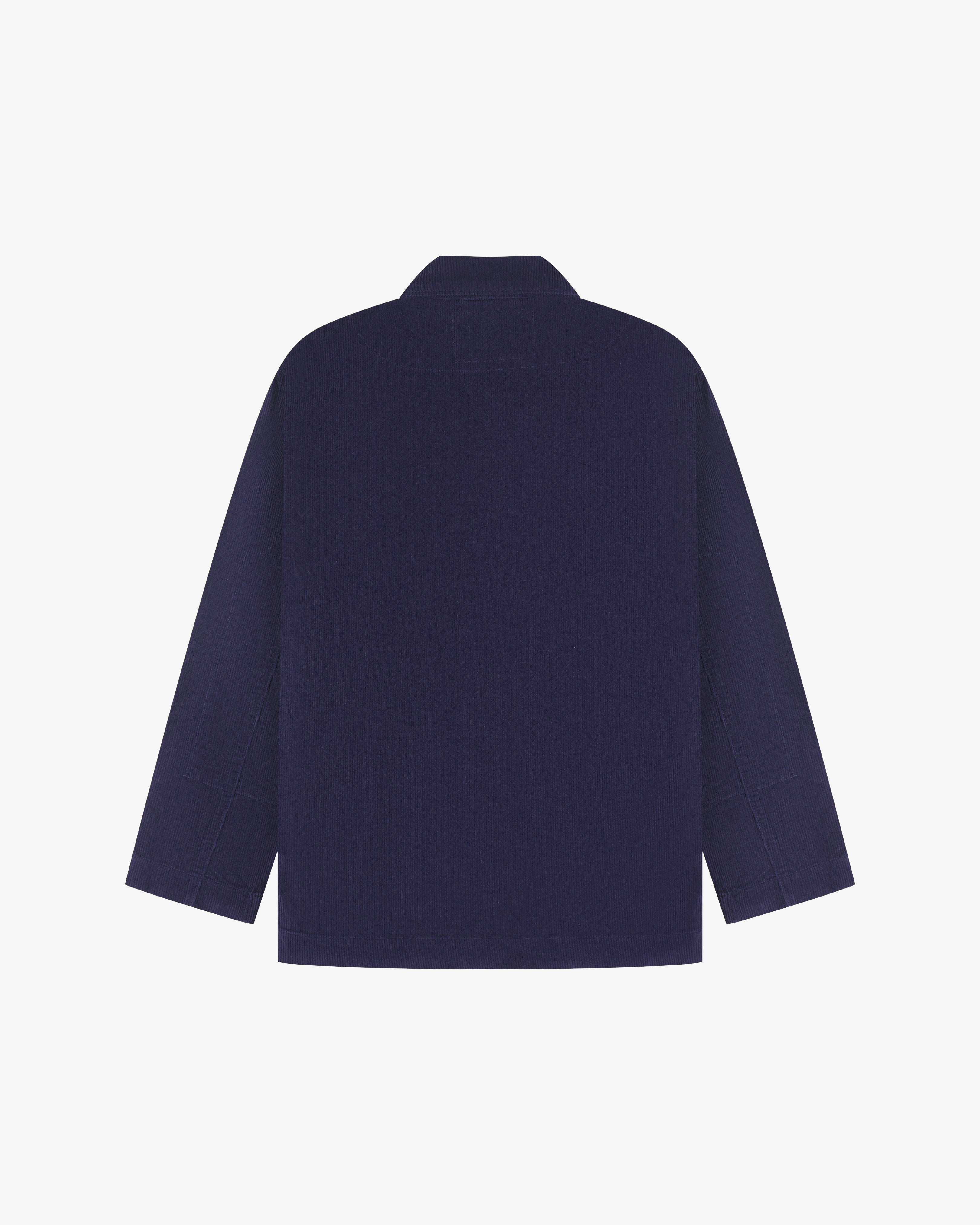 Back flat view of dark blue corduroy blazer on a white background