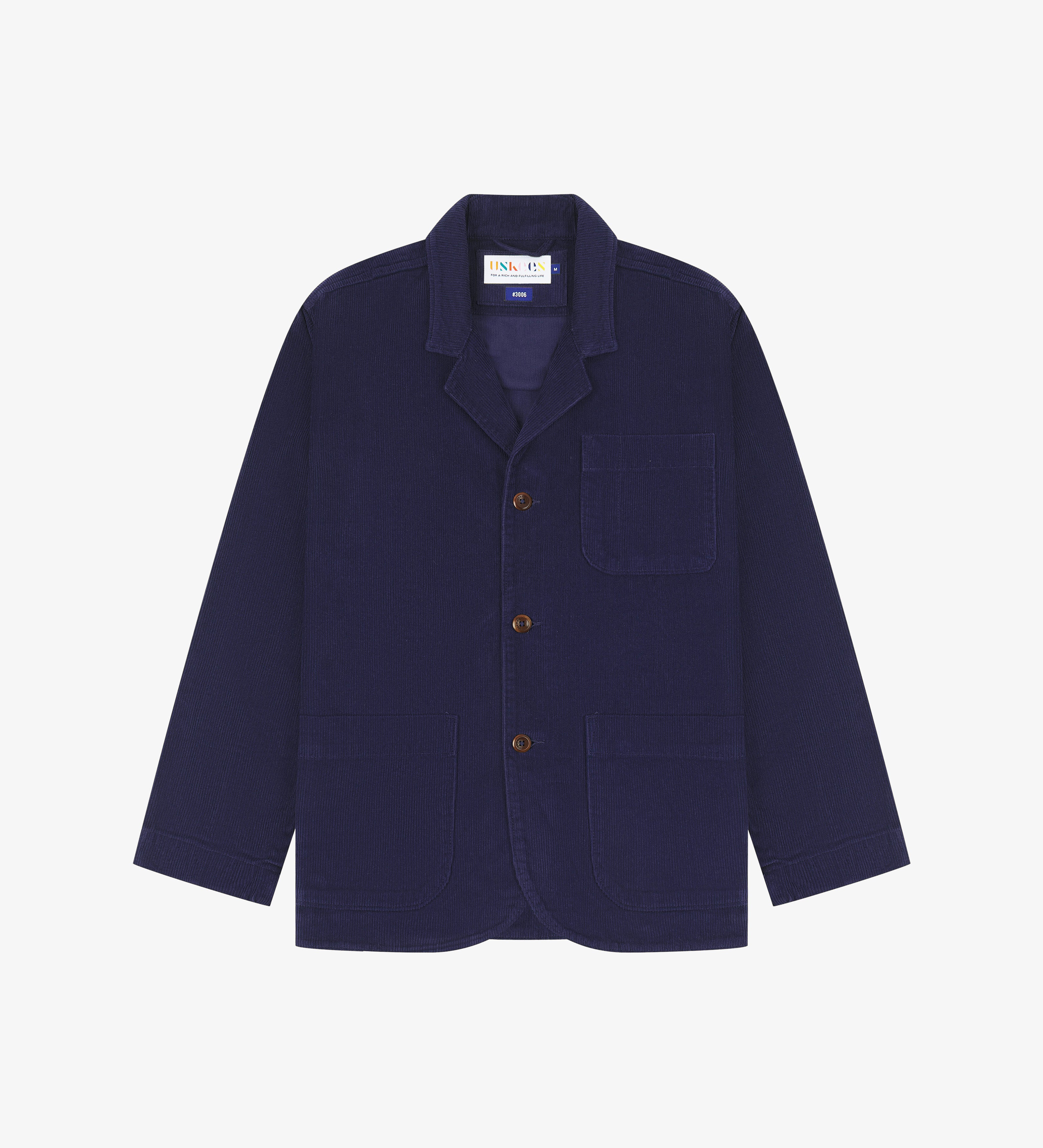 Flat front shot of Uskees dark blue corduroy men's jacket with button details on a white background