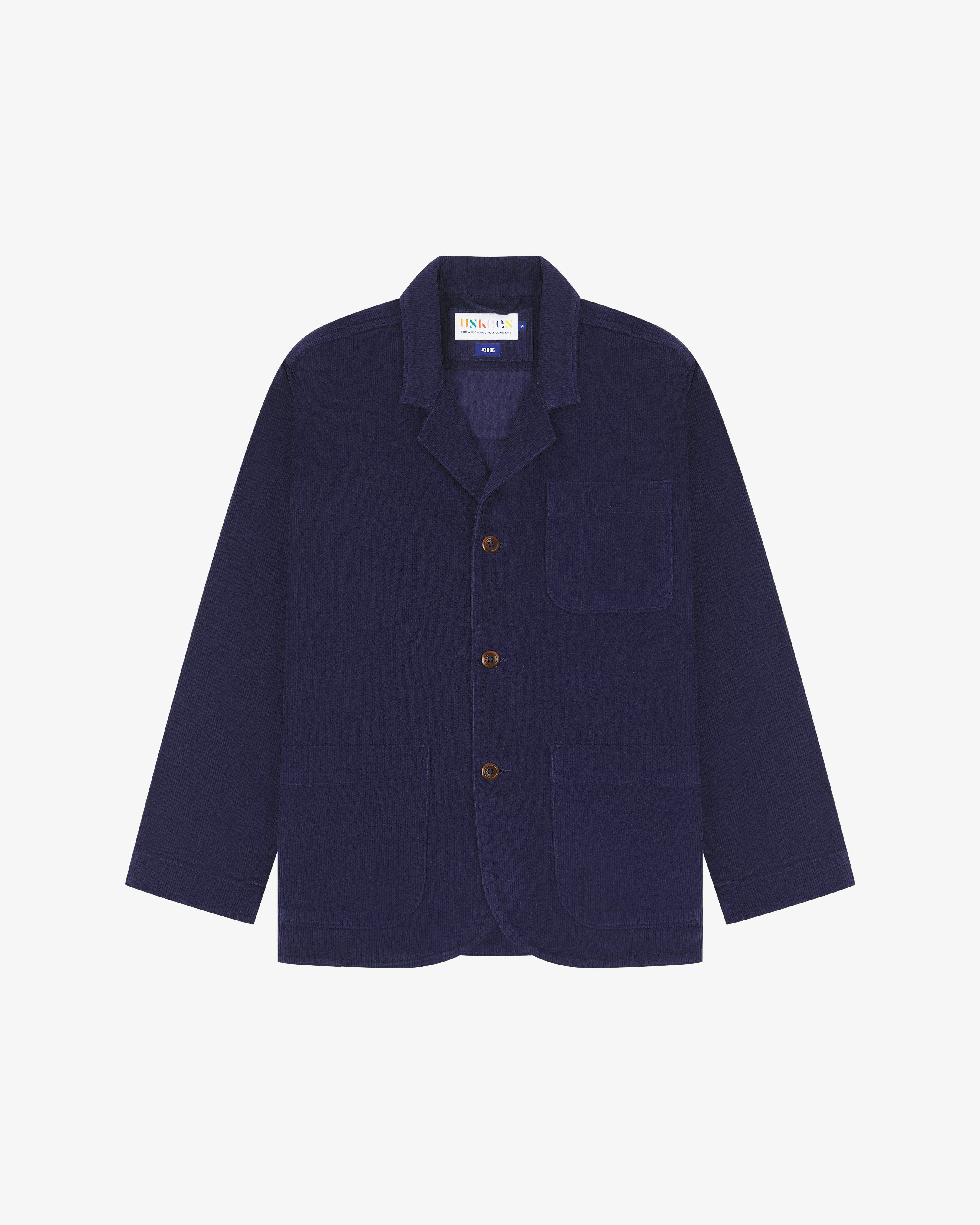 Flat front shot of Uskees dark blue corduroy men's jacket with button details on a white background