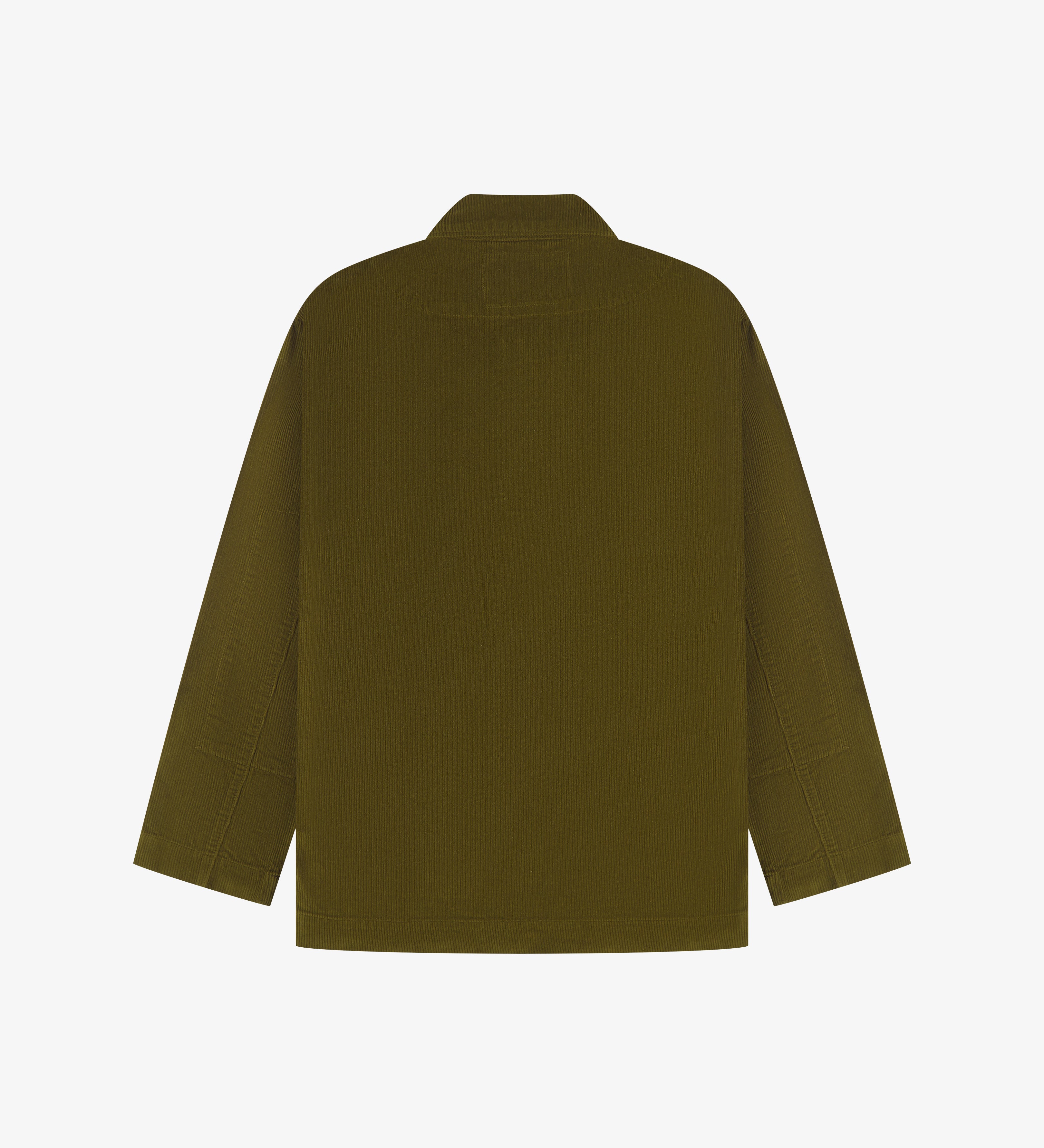 Back view of Uskees men's green corduroy jacket on a white background