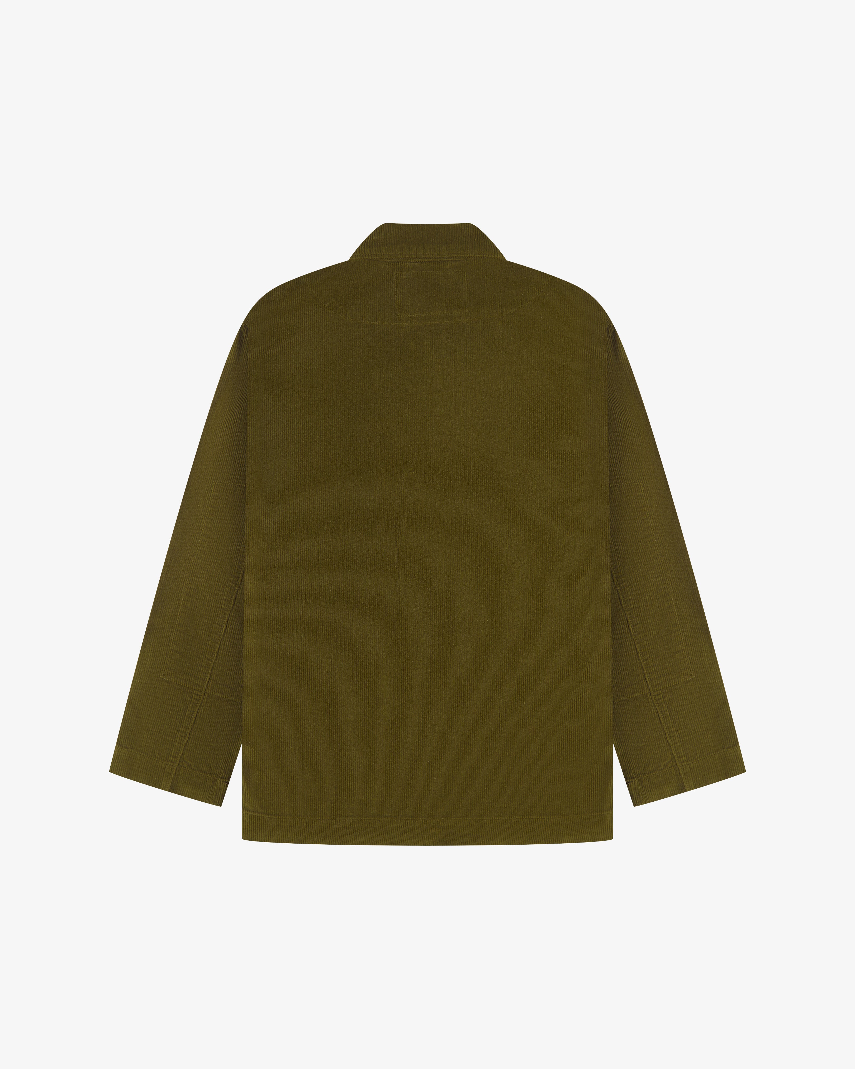 Back view of Uskees men's green corduroy jacket on a white background