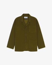 Front flat shot of an Uskees Woodland Green cord blazer on a white background