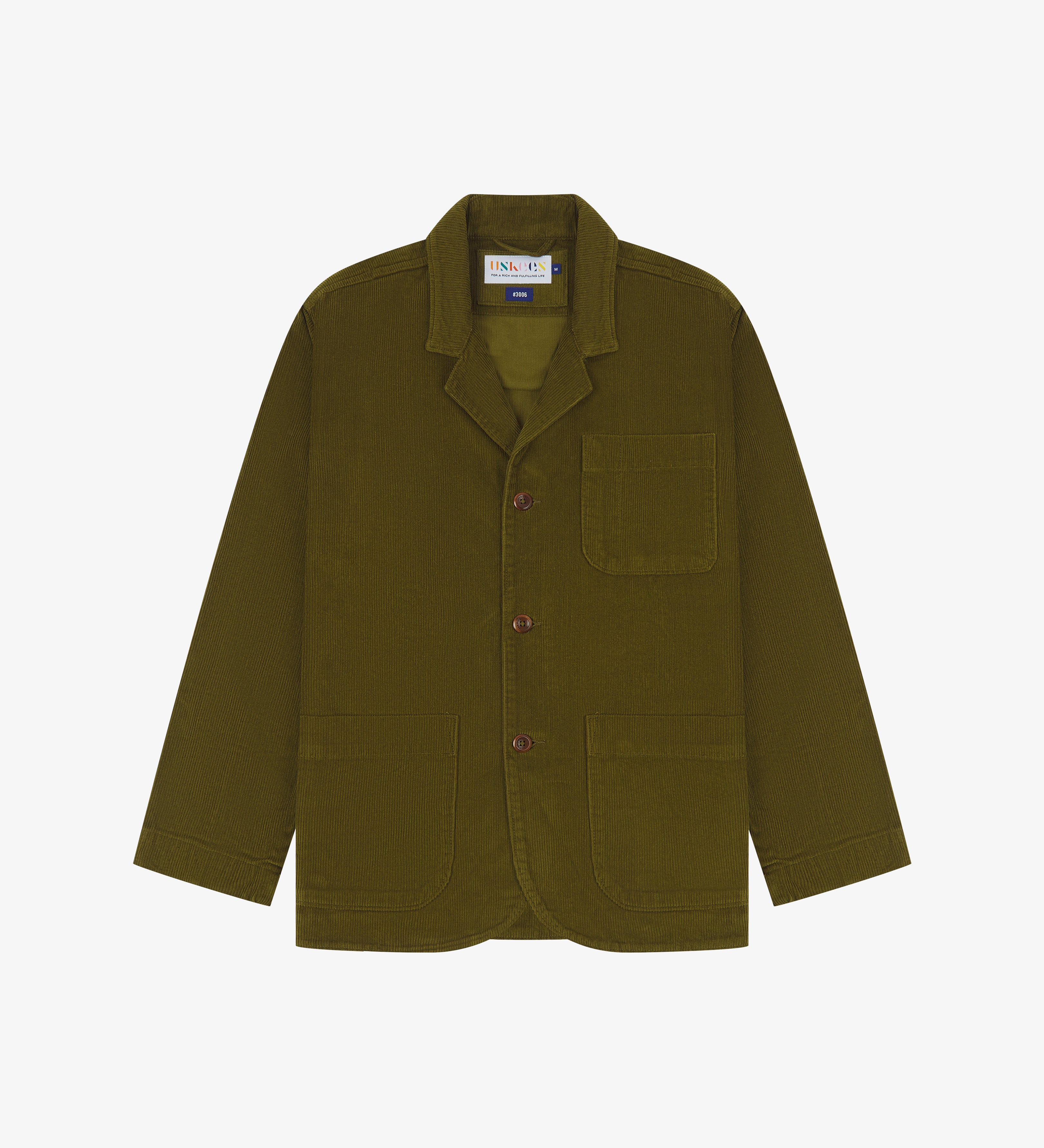 Front flat shot of an Uskees Woodland Green cord blazer on a white background