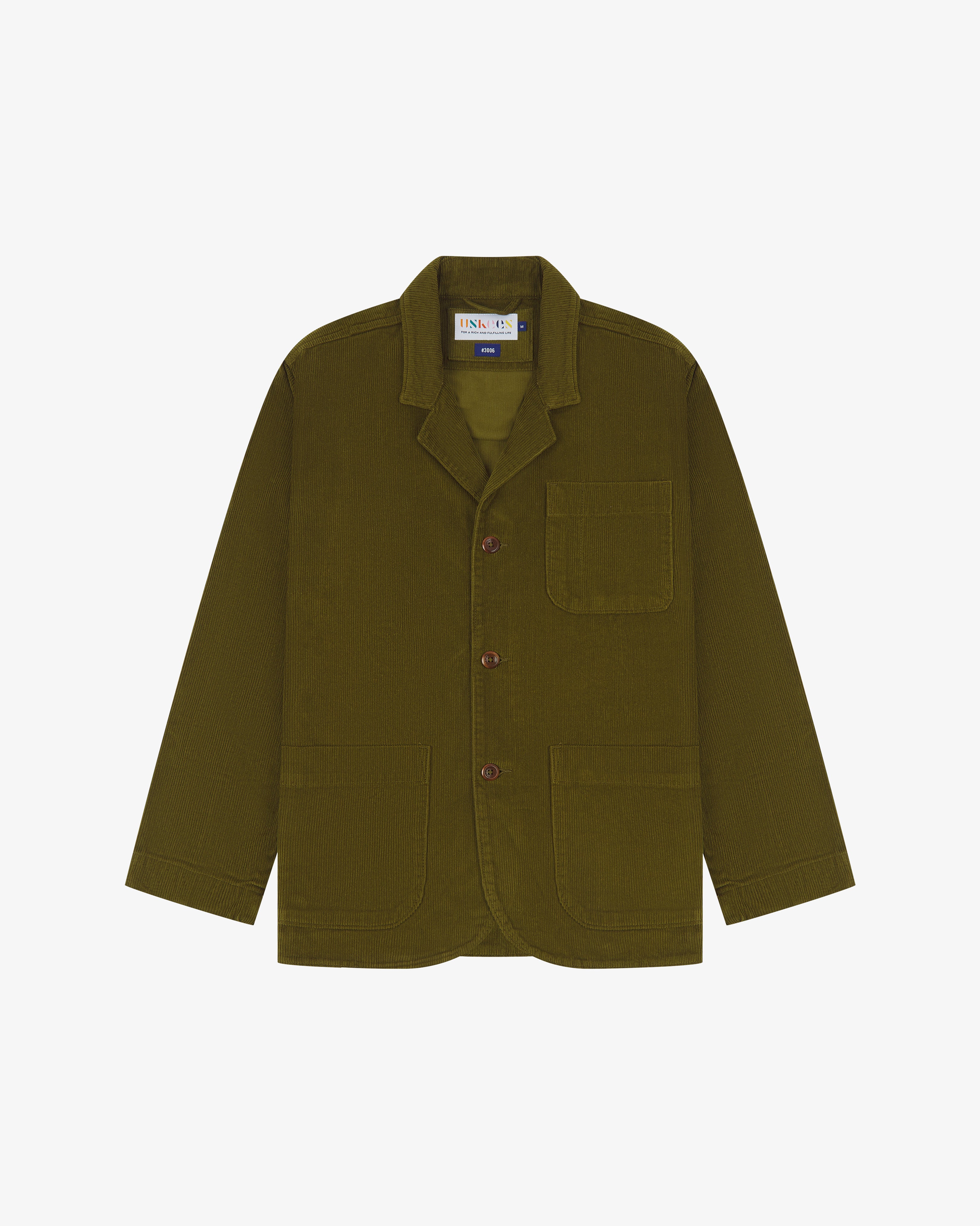 Front flat shot of an Uskees Woodland Green cord blazer on a white background