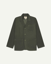 Front flat shot of dark green corduroy men's jacket showing 3 front pockets and uskees brand label at neck.