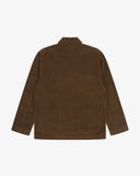 Flat back view of Uskees brown cord men's jacket showing the reinforced elbows presented on a white background.
