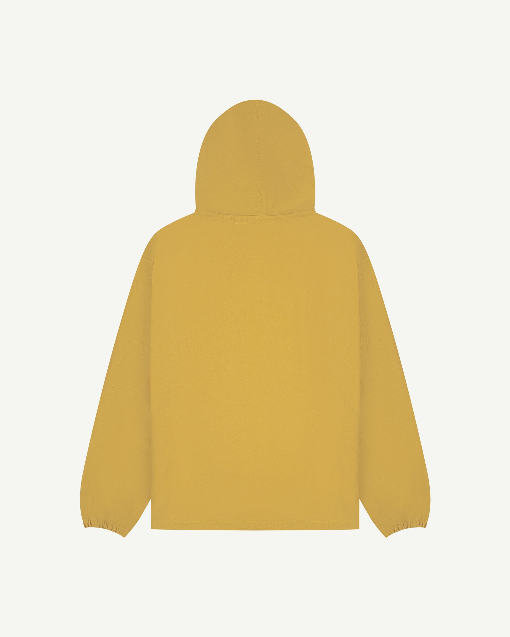 Back flat shot of Uskees acid yellow (citronella) organic cotton smock showing reinforced elbows, back of hood and loose silhouette.
